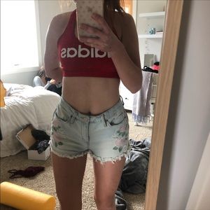 american eagle light wash flower embroidered short